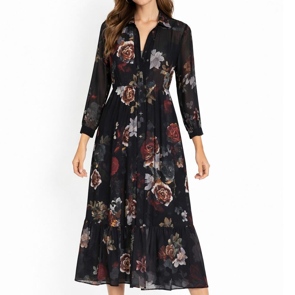 Soft Surroundings Anais Black Floral Maxi Dress & Slip Size Medium